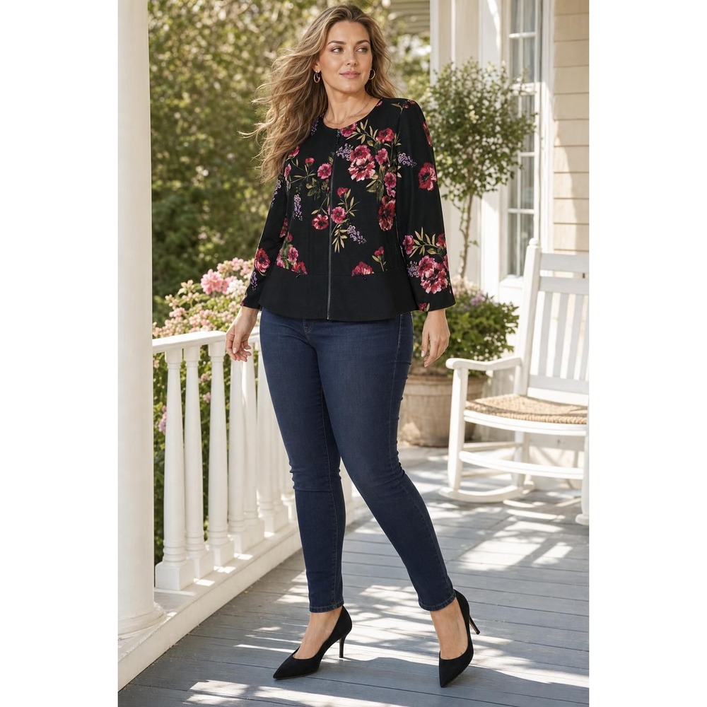 Susan Graver Jacket Women's 18W Black Floral Pink Peplum Blazer Romantic